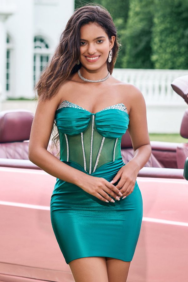 Unique Strapless Dark Green Pleated Beaded Corset Tight Mini Dress - Image 5
