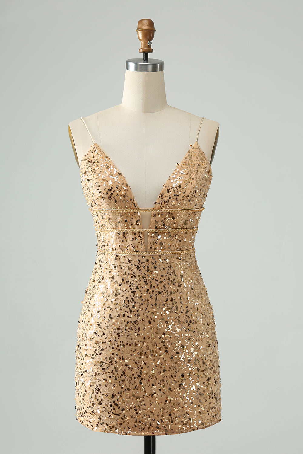 Unique Sparkly Golden Tight Spaghetti Strap Mini Dress with Sequins - Image 1