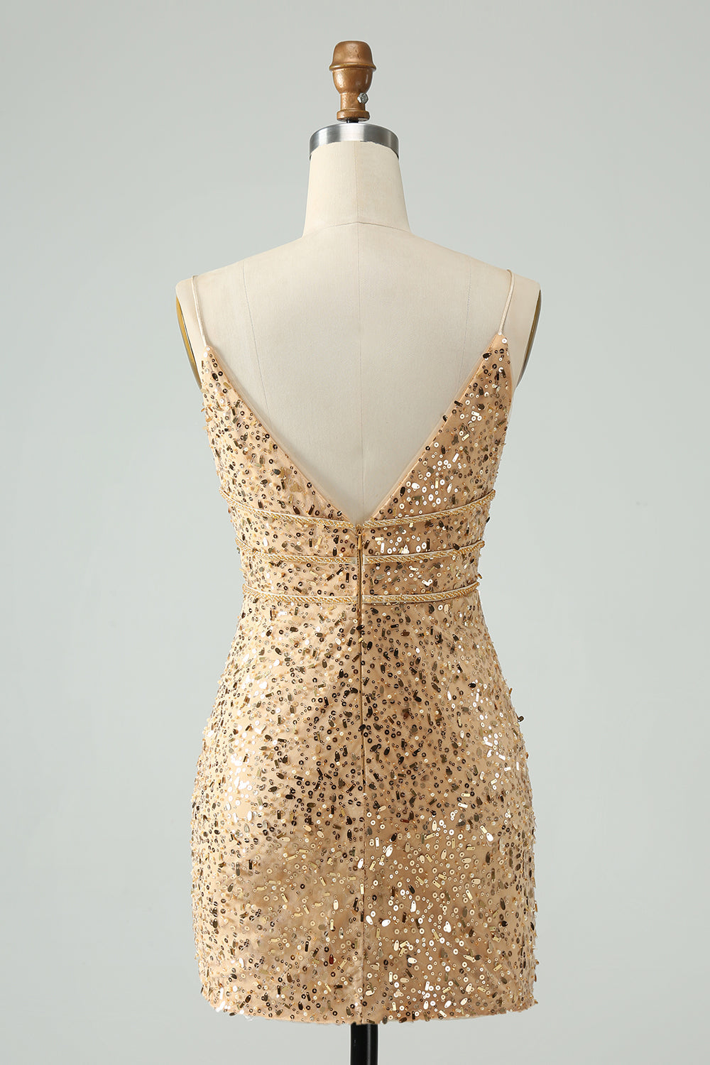 Unique Sparkly Golden Tight Spaghetti Strap Mini Dress with Sequins - Image 2