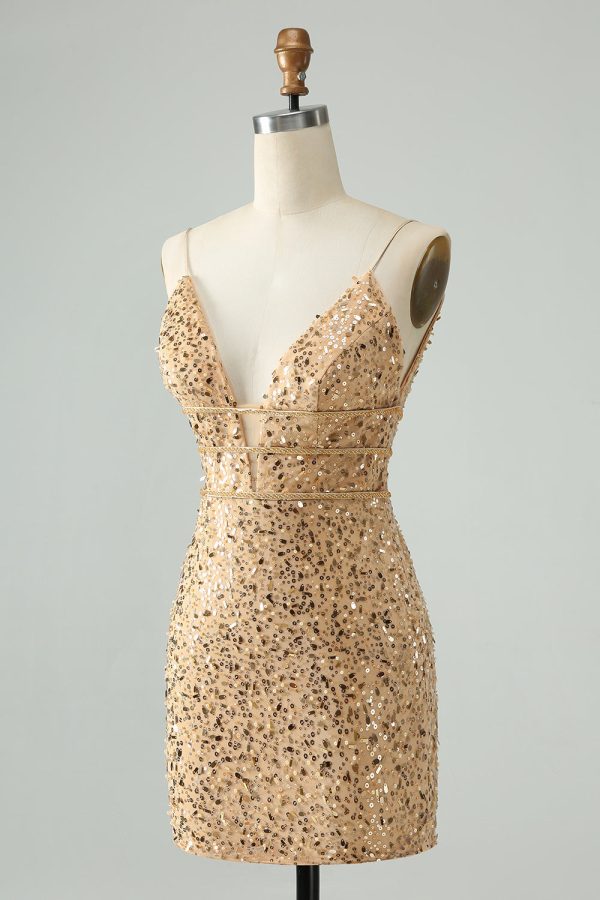 Unique Sparkly Golden Tight Spaghetti Strap Mini Dress with Sequins - Image 3