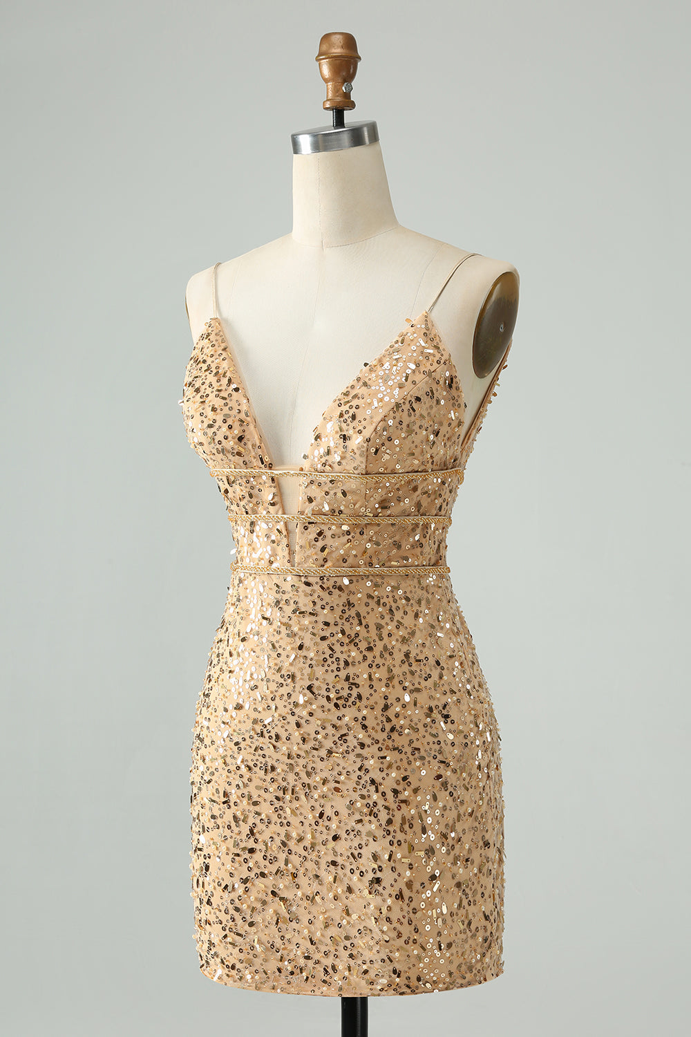 Unique Sparkly Golden Tight Spaghetti Strap Mini Dress with Sequins - Image 3