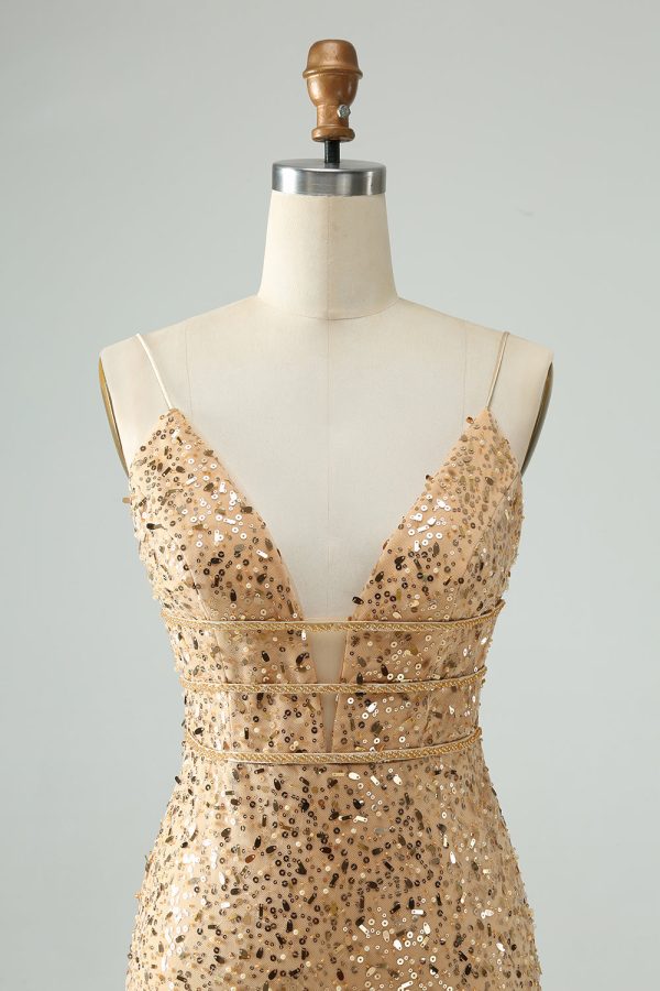 Unique Sparkly Golden Tight Spaghetti Strap Mini Dress with Sequins - Image 4