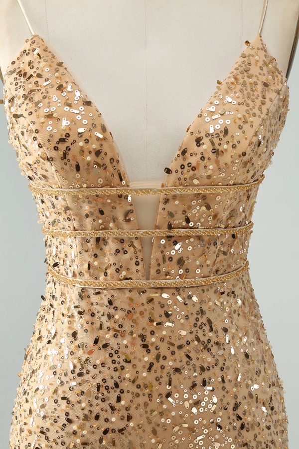 Unique Sparkly Golden Tight Spaghetti Strap Mini Dress with Sequins - Image 7