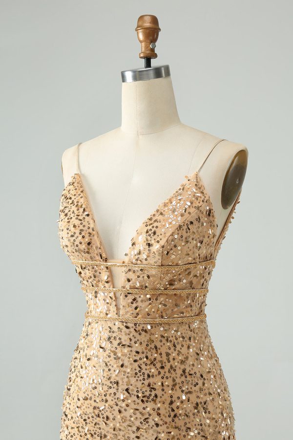 Unique Sparkly Golden Tight Spaghetti Strap Mini Dress with Sequins - Image 6
