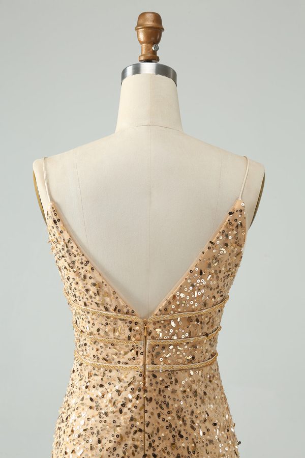 Unique Sparkly Golden Tight Spaghetti Strap Mini Dress with Sequins - Image 5