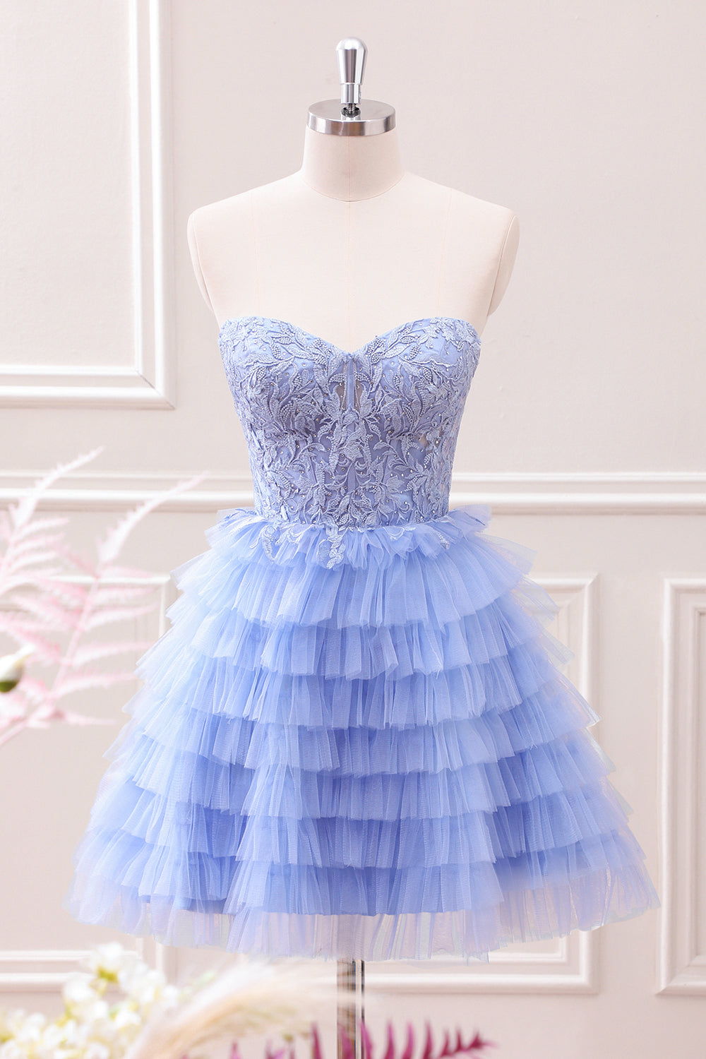 Sweetheart Lilac A-Line Corset Tulle Mini Dress with Lace - Image 1