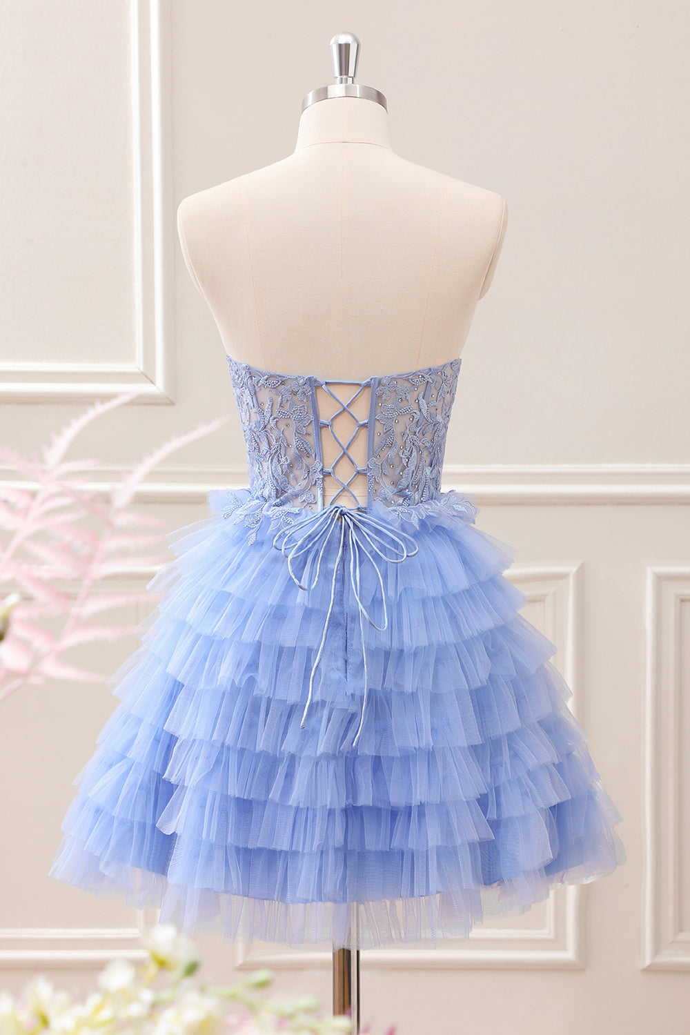 Sweetheart Lilac A-Line Corset Tulle Mini Dress with Lace - Image 2