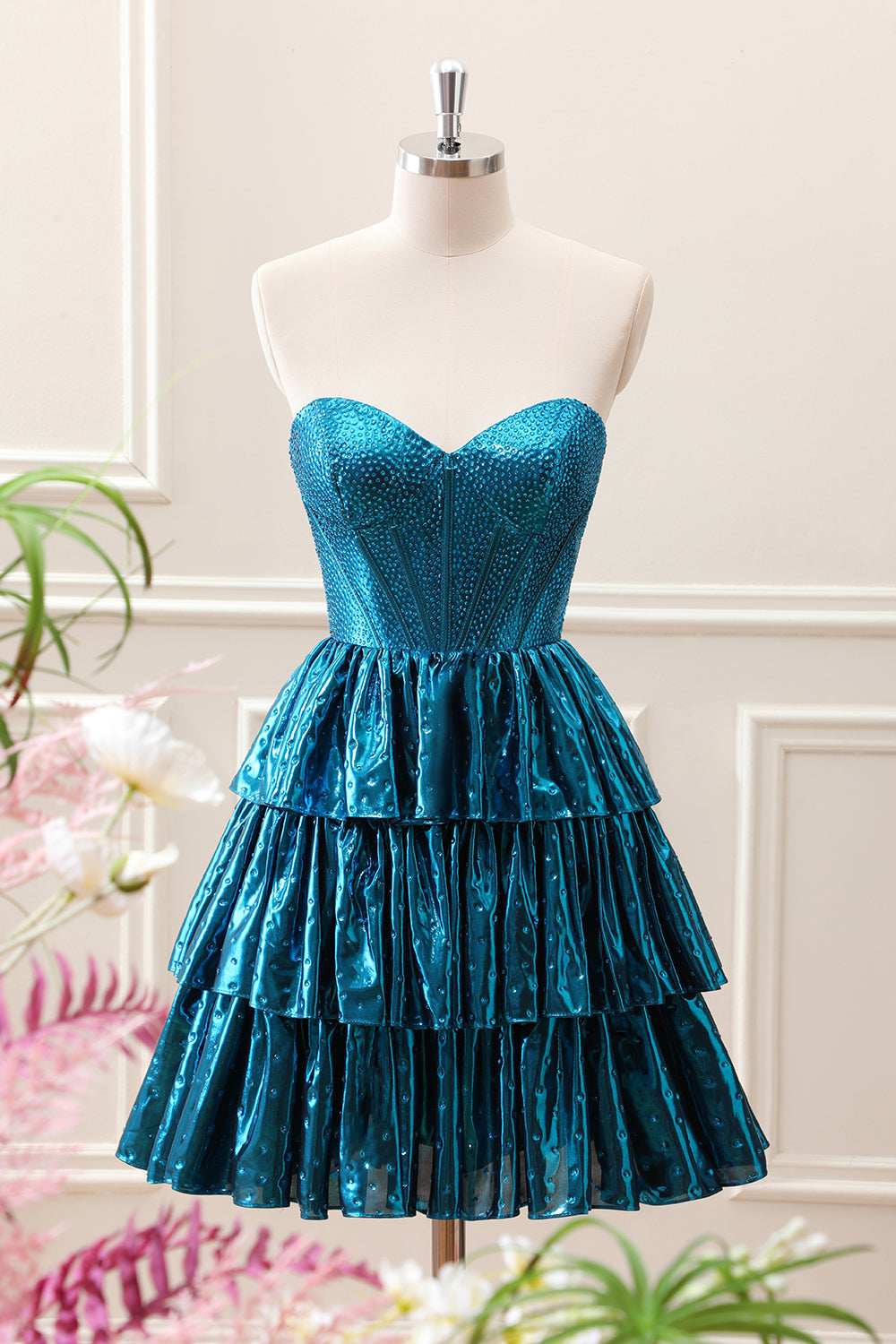 Unique Peacock Blue Strapless Tiered Pleated Corset A Line Mini Dress - Image 1