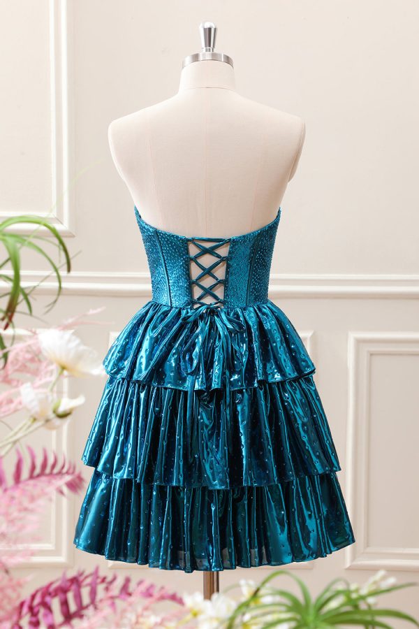 Unique Peacock Blue Strapless Tiered Pleated Corset A Line Mini Dress - Image 2