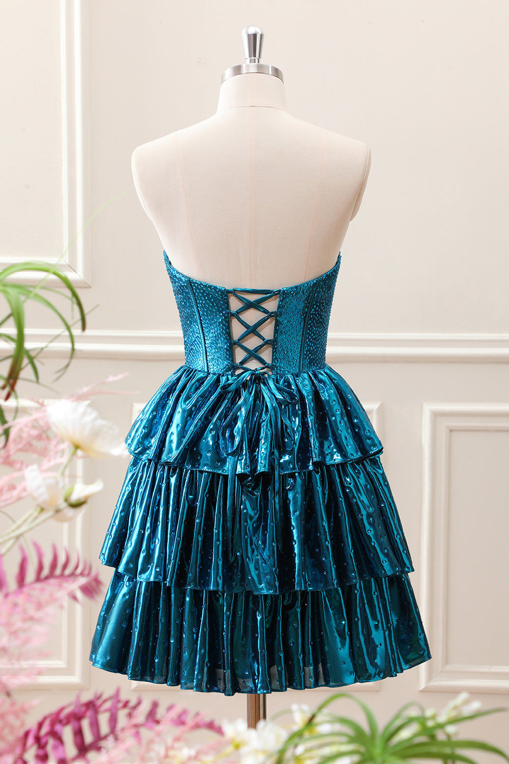 Unique Peacock Blue Strapless Tiered Pleated Corset A Line Mini Dress - Image 2