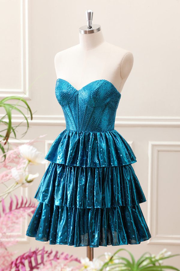 Unique Peacock Blue Strapless Tiered Pleated Corset A Line Mini Dress - Image 3