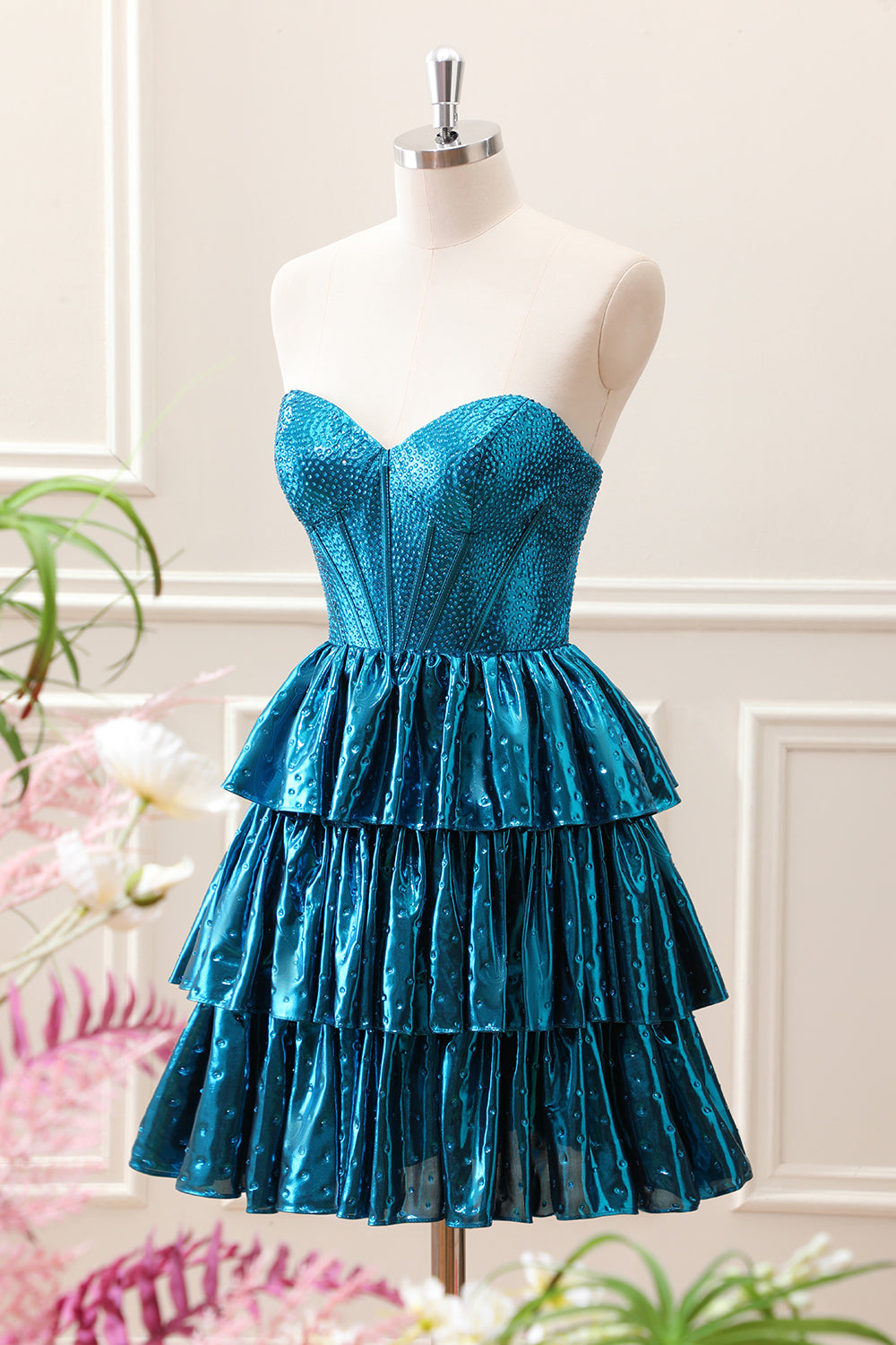 Unique Peacock Blue Strapless Tiered Pleated Corset A Line Mini Dress - Image 3