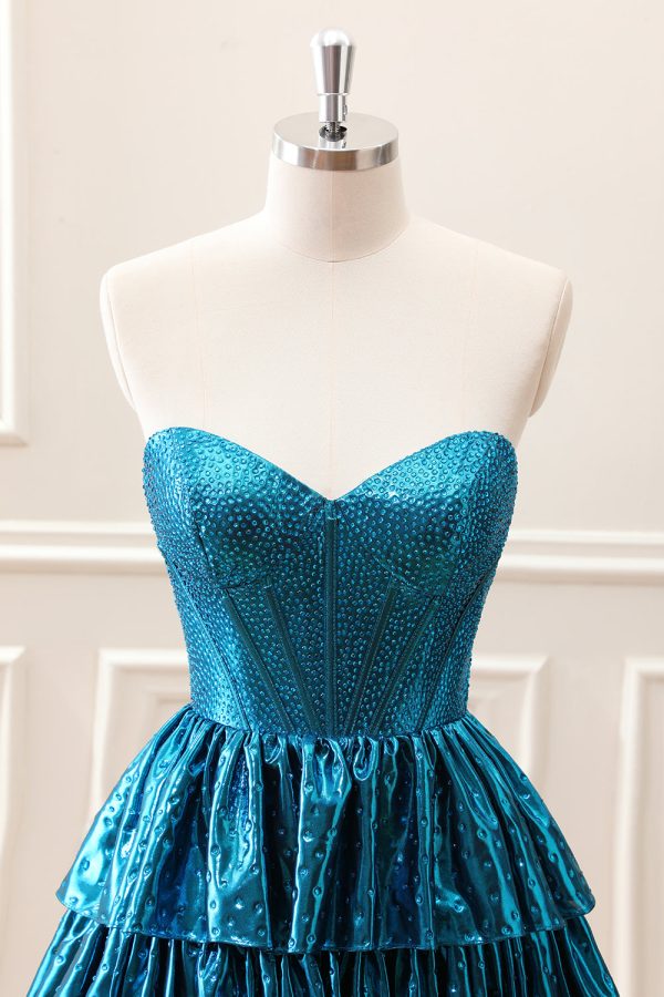 Unique Peacock Blue Strapless Tiered Pleated Corset A Line Mini Dress - Image 4