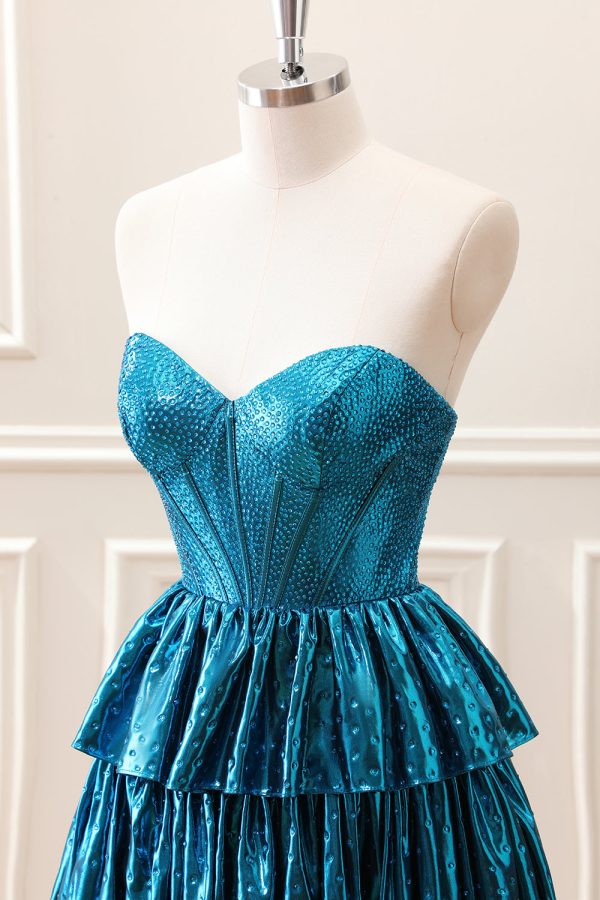 Unique Peacock Blue Strapless Tiered Pleated Corset A Line Mini Dress - Image 6