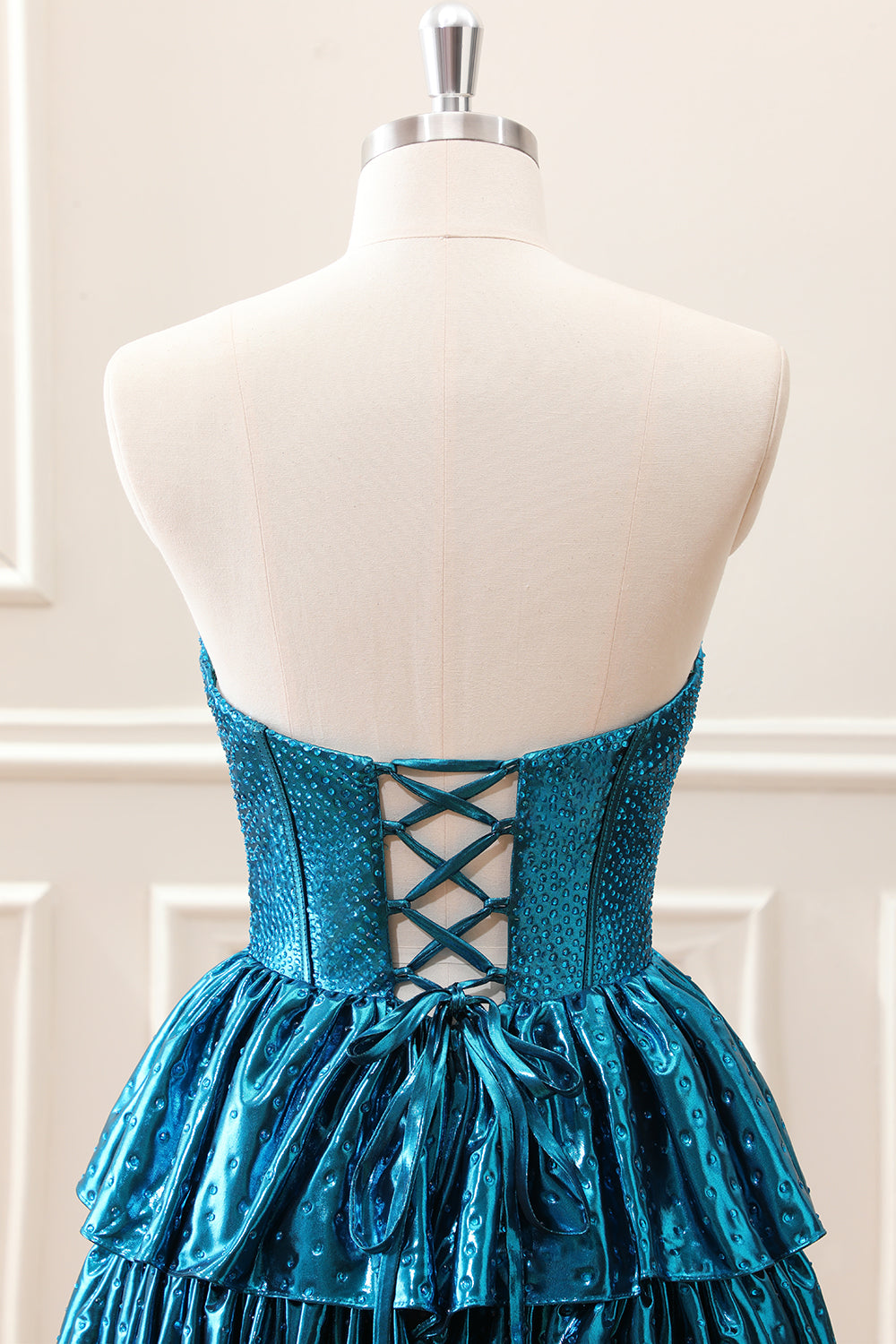 Unique Peacock Blue Strapless Tiered Pleated Corset A Line Mini Dress - Image 5