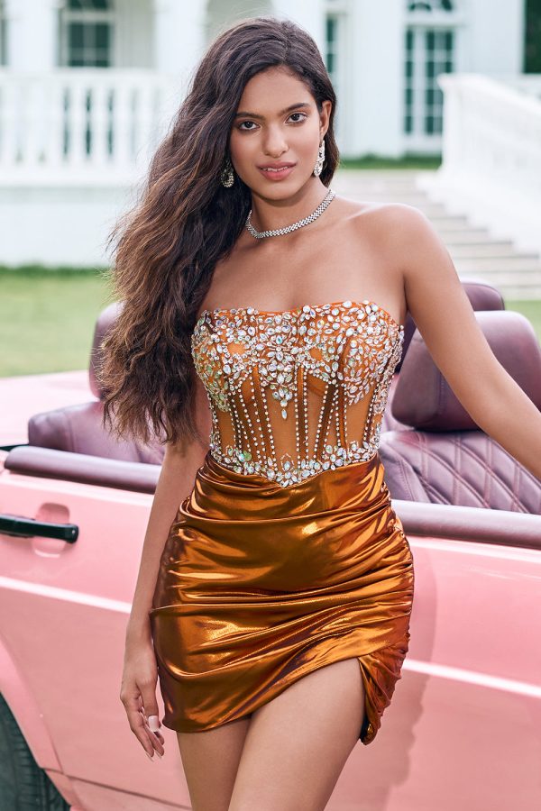 Unique Copper Strapless Beaded Corset Pleated Mini Dress - Image 4