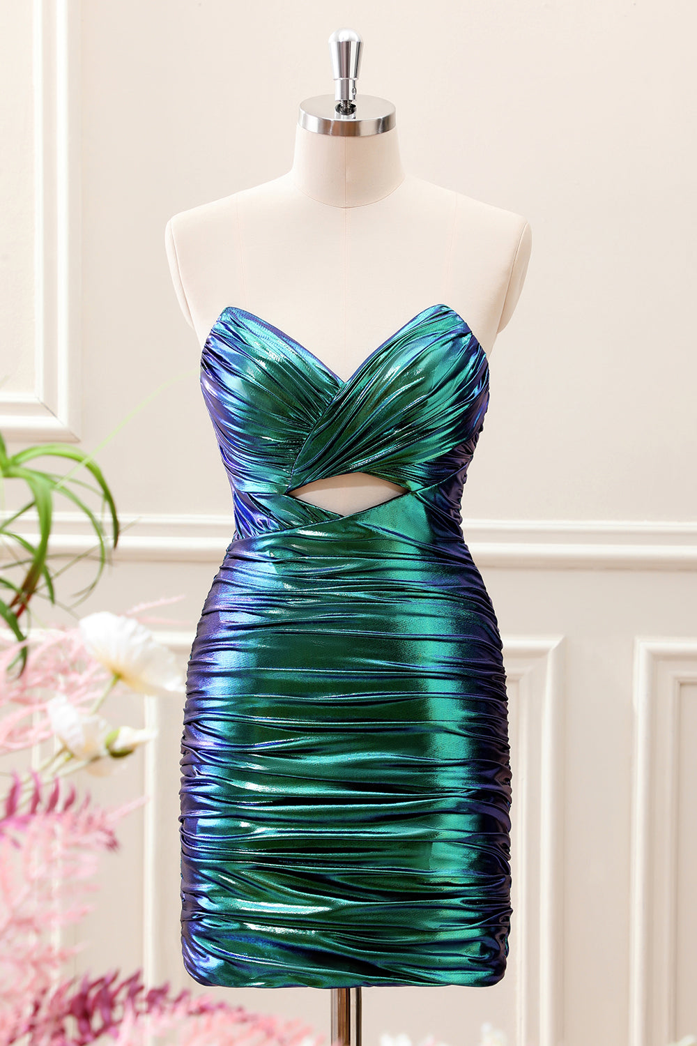 Teal Blue Pleated Sweetheart Keyhole Mini Dress - Image 1