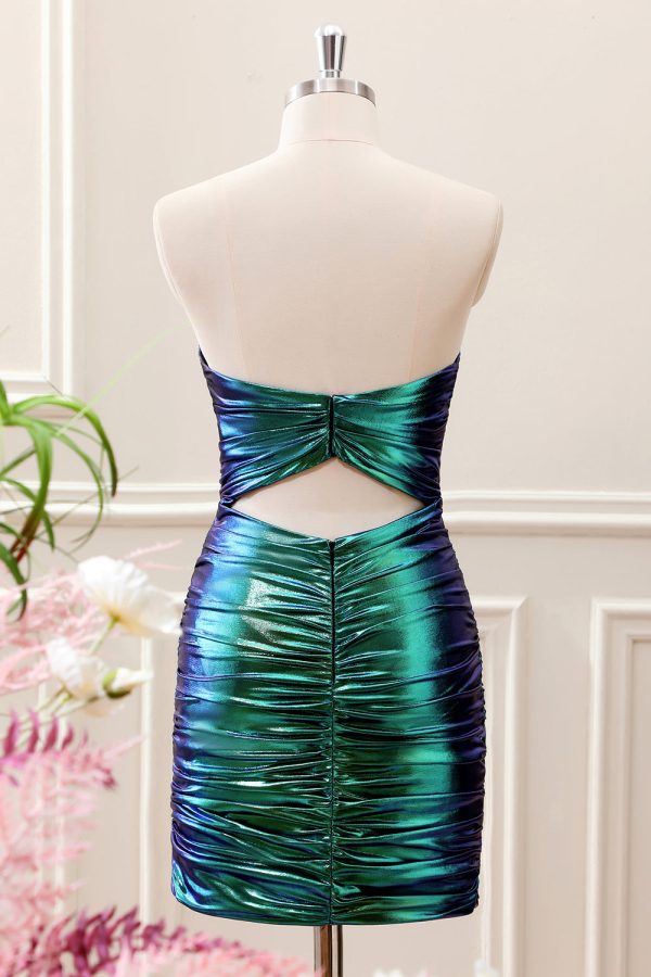 Teal Blue Pleated Sweetheart Keyhole Mini Dress - Image 2