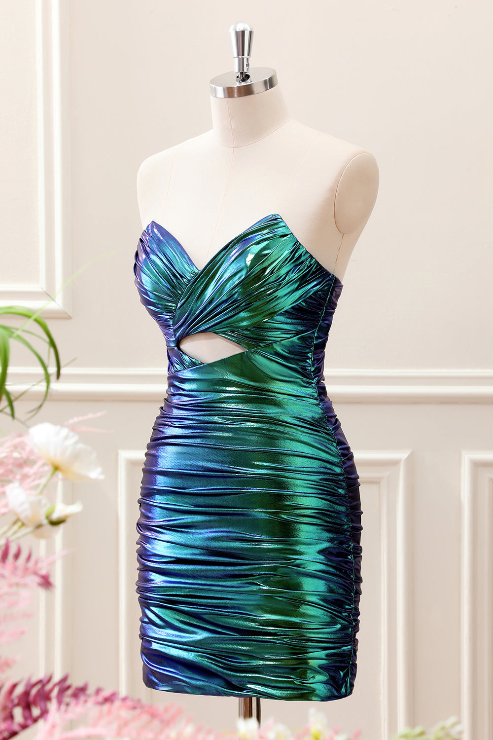 Teal Blue Pleated Sweetheart Keyhole Mini Dress - Image 3