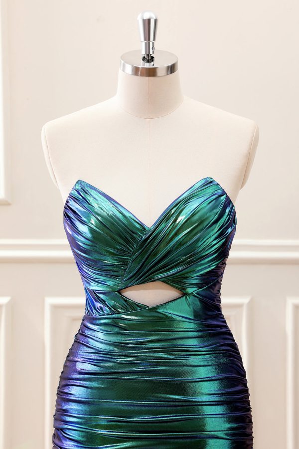 Teal Blue Pleated Sweetheart Keyhole Mini Dress - Image 4