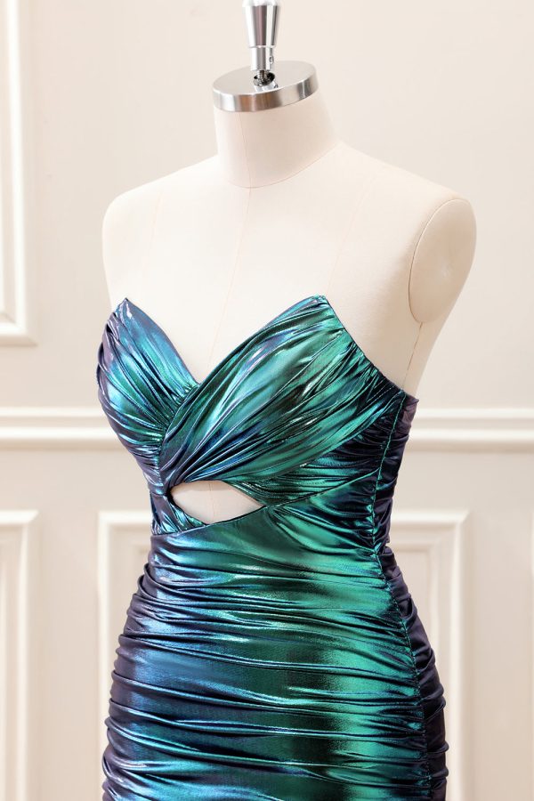 Teal Blue Pleated Sweetheart Keyhole Mini Dress - Image 6