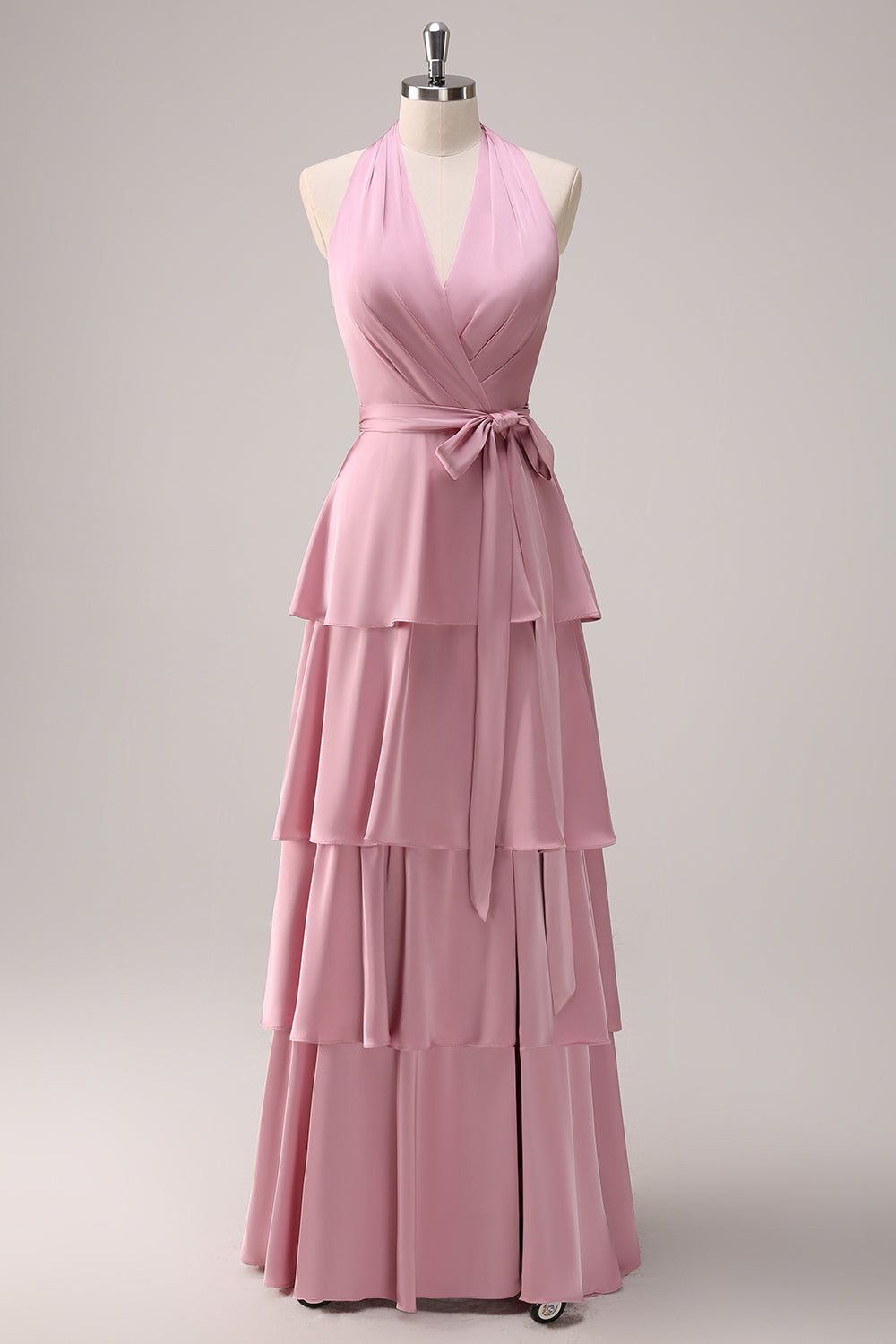 Tiered Pink A Line Halter Maxi Dress with Sash - Image 1