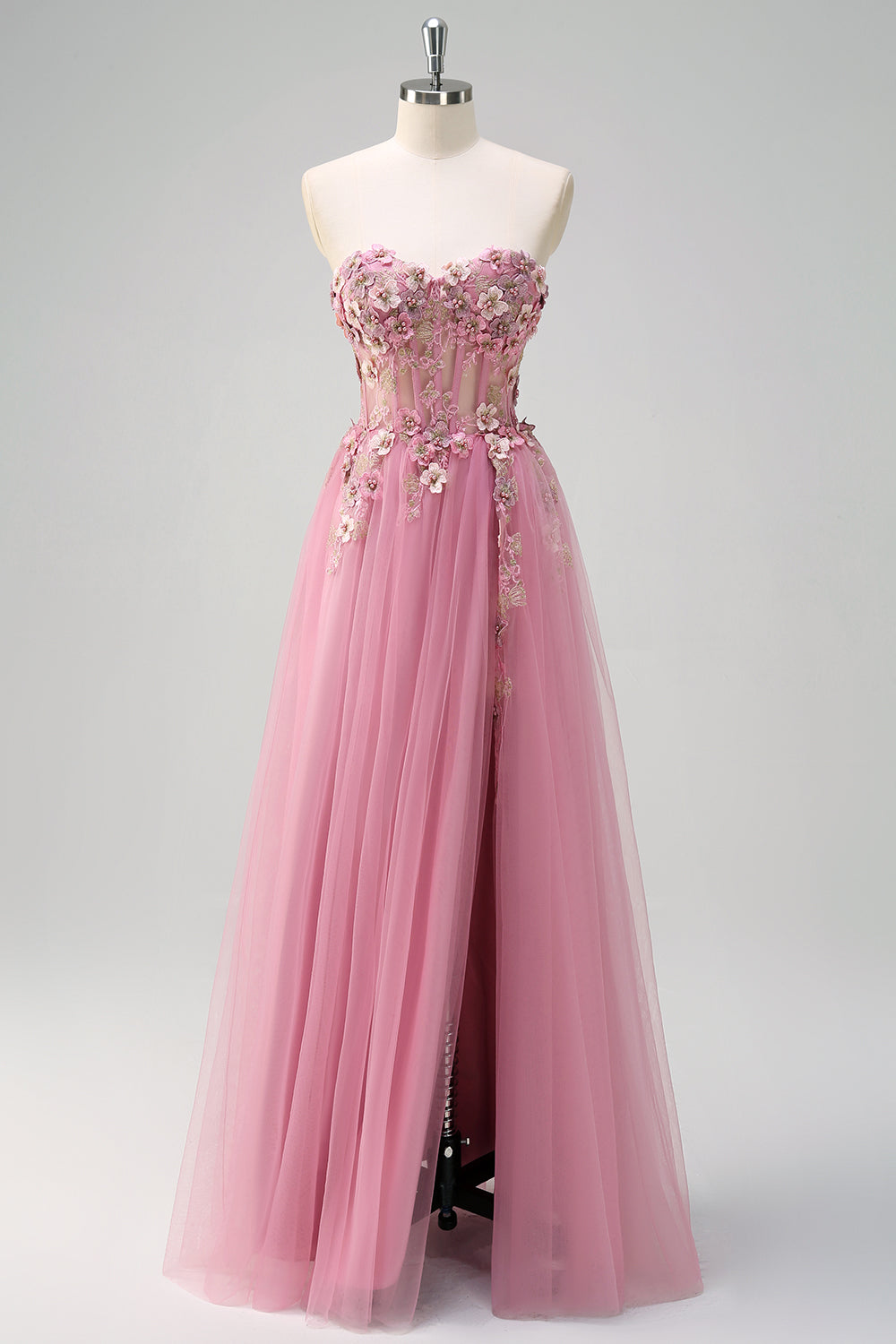 Taro A Line Corset Slit Strapless Prom Dress with Flower Appliques - Image 1
