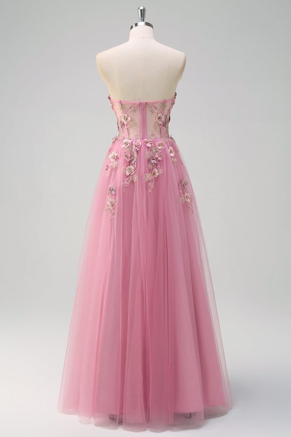 Taro A Line Corset Slit Strapless Prom Dress with Flower Appliques - Image 2