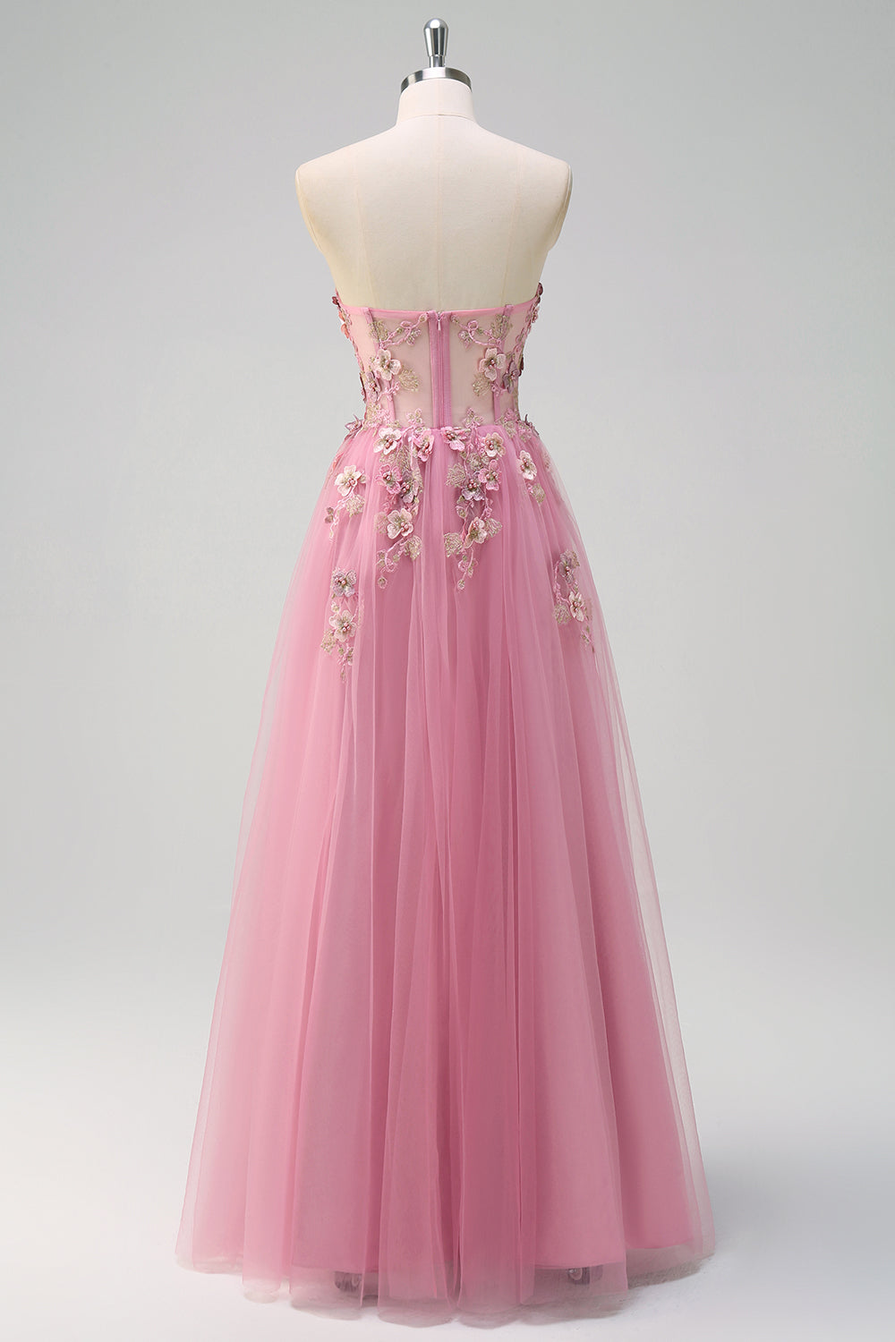 Taro A Line Corset Slit Strapless Prom Dress with Flower Appliques - Image 2