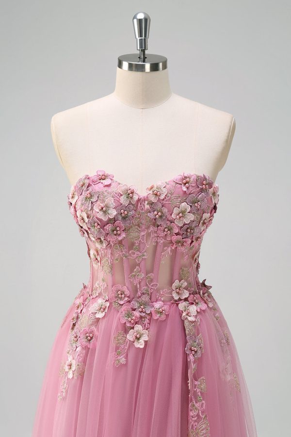 Taro A Line Corset Slit Strapless Prom Dress with Flower Appliques - Image 4