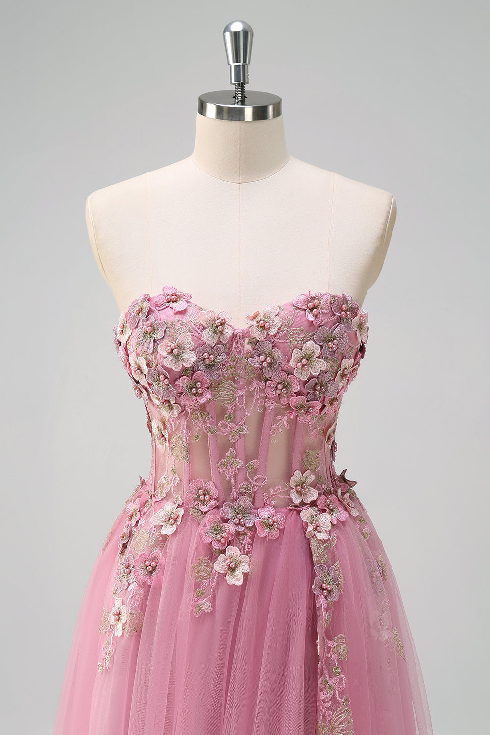 Taro A Line Corset Slit Strapless Prom Dress with Flower Appliques - Image 4