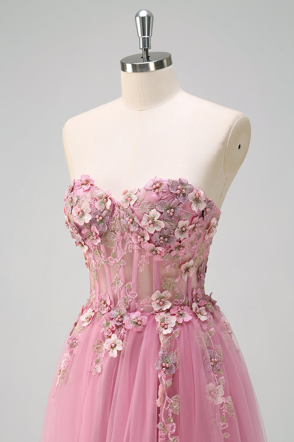 Taro A Line Corset Slit Strapless Prom Dress with Flower Appliques - Image 6