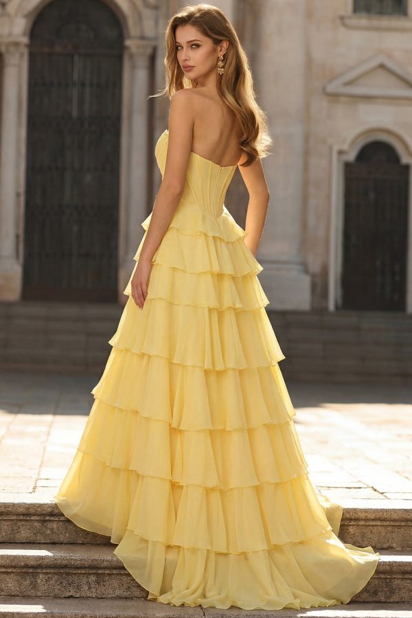 Tiered Yellow Strapless Basque Waist Prom Dress - Image 2