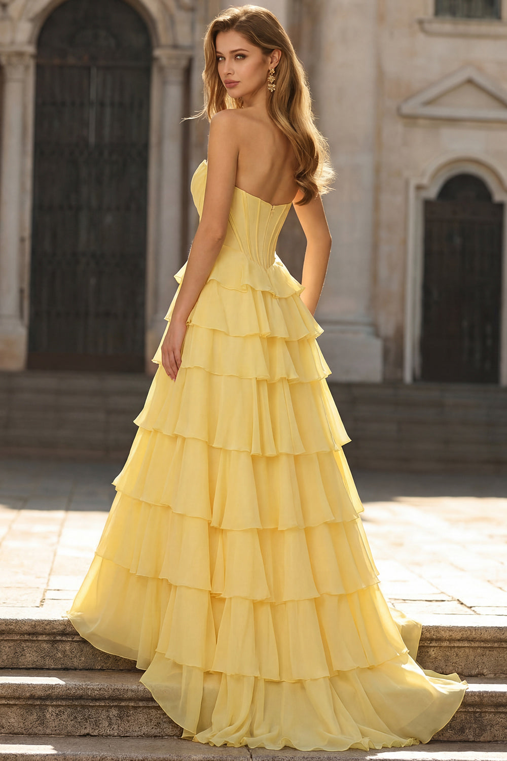 Tiered Yellow Strapless Basque Waist Prom Dress - Image 2