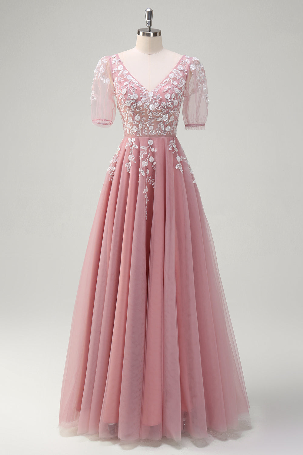 A Line V Neck Sequined Appliqued Tulle Blush Prom Dress with Short Sleeves - Image 1