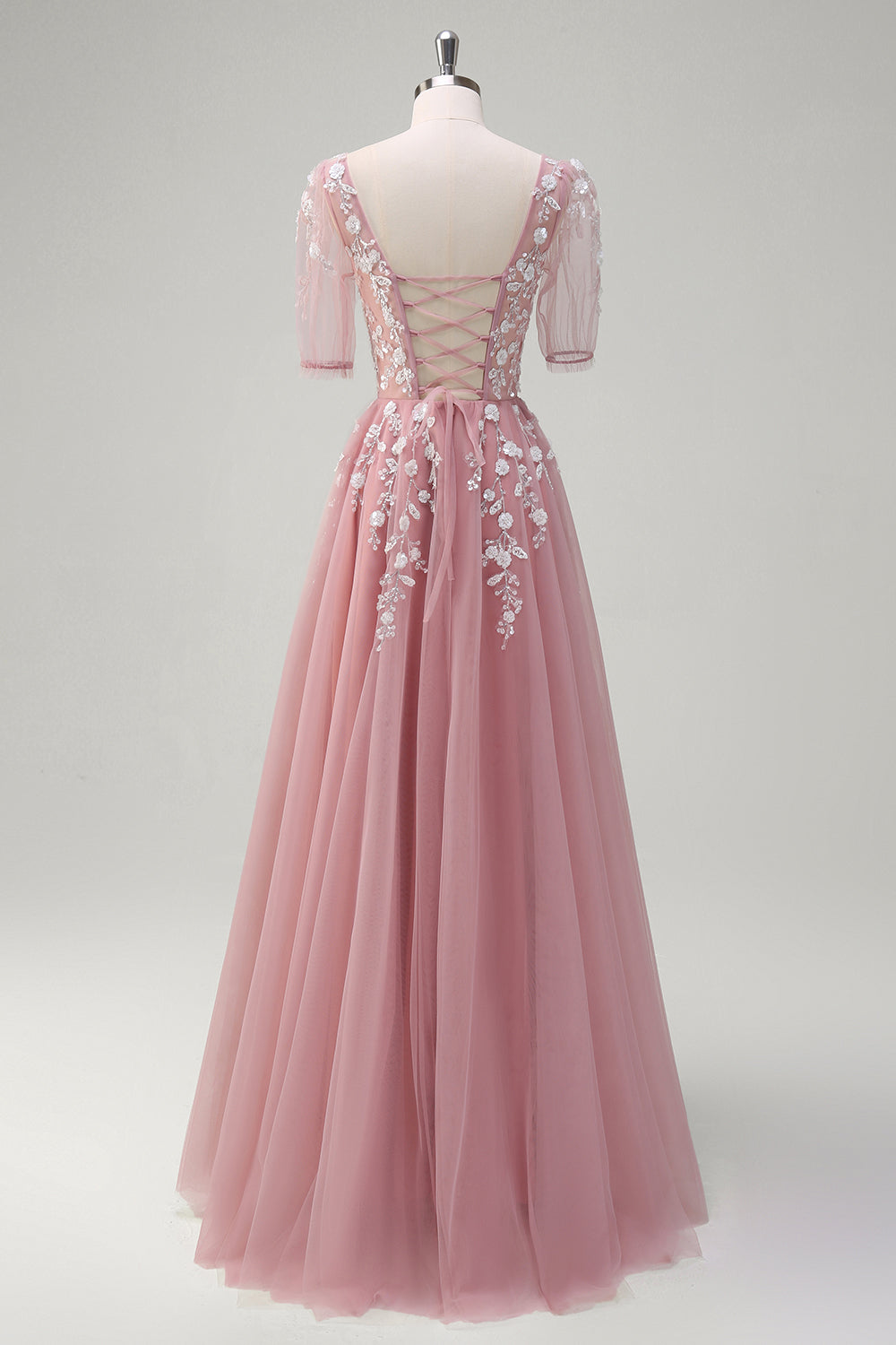 A Line V Neck Sequined Appliqued Tulle Blush Prom Dress with Short Sleeves - Image 2
