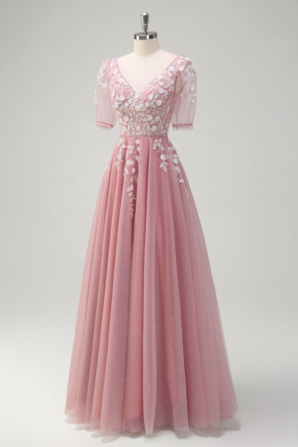 A Line V Neck Sequined Appliqued Tulle Blush Prom Dress with Short Sleeves - Image 3
