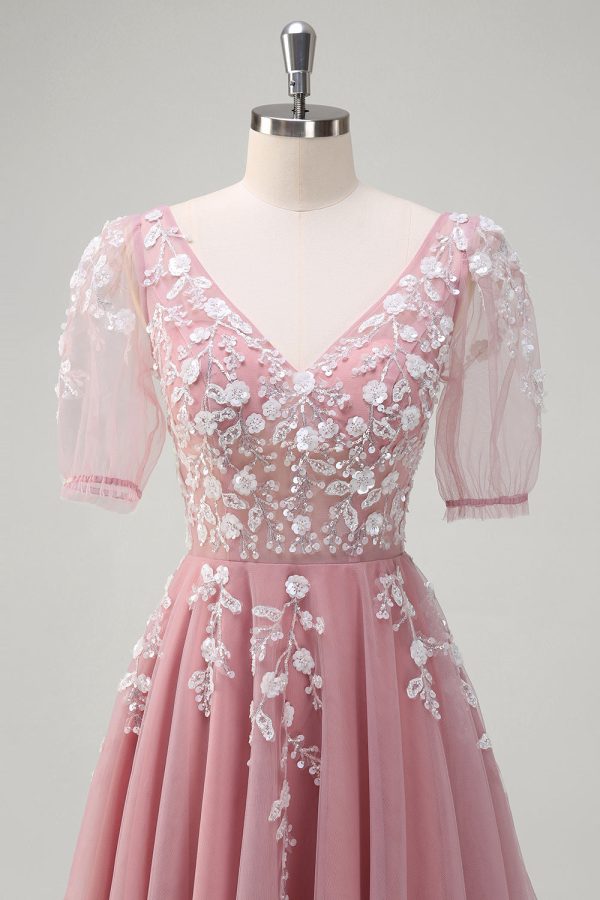 A Line V Neck Sequined Appliqued Tulle Blush Prom Dress with Short Sleeves - Image 4