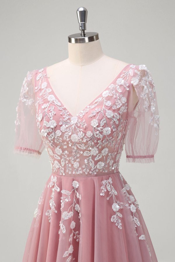 A Line V Neck Sequined Appliqued Tulle Blush Prom Dress with Short Sleeves - Image 6