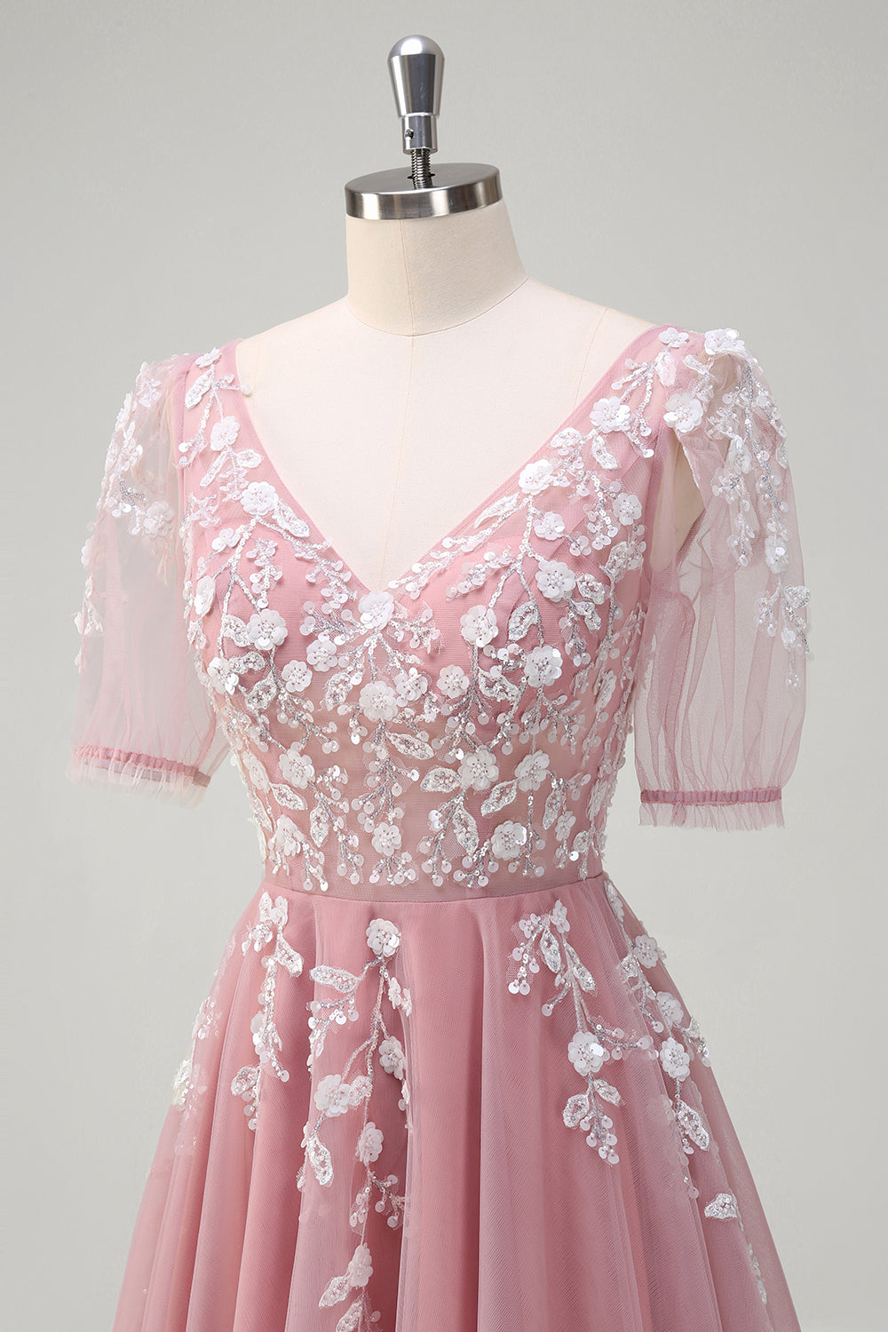 A Line V Neck Sequined Appliqued Tulle Blush Prom Dress with Short Sleeves - Image 6