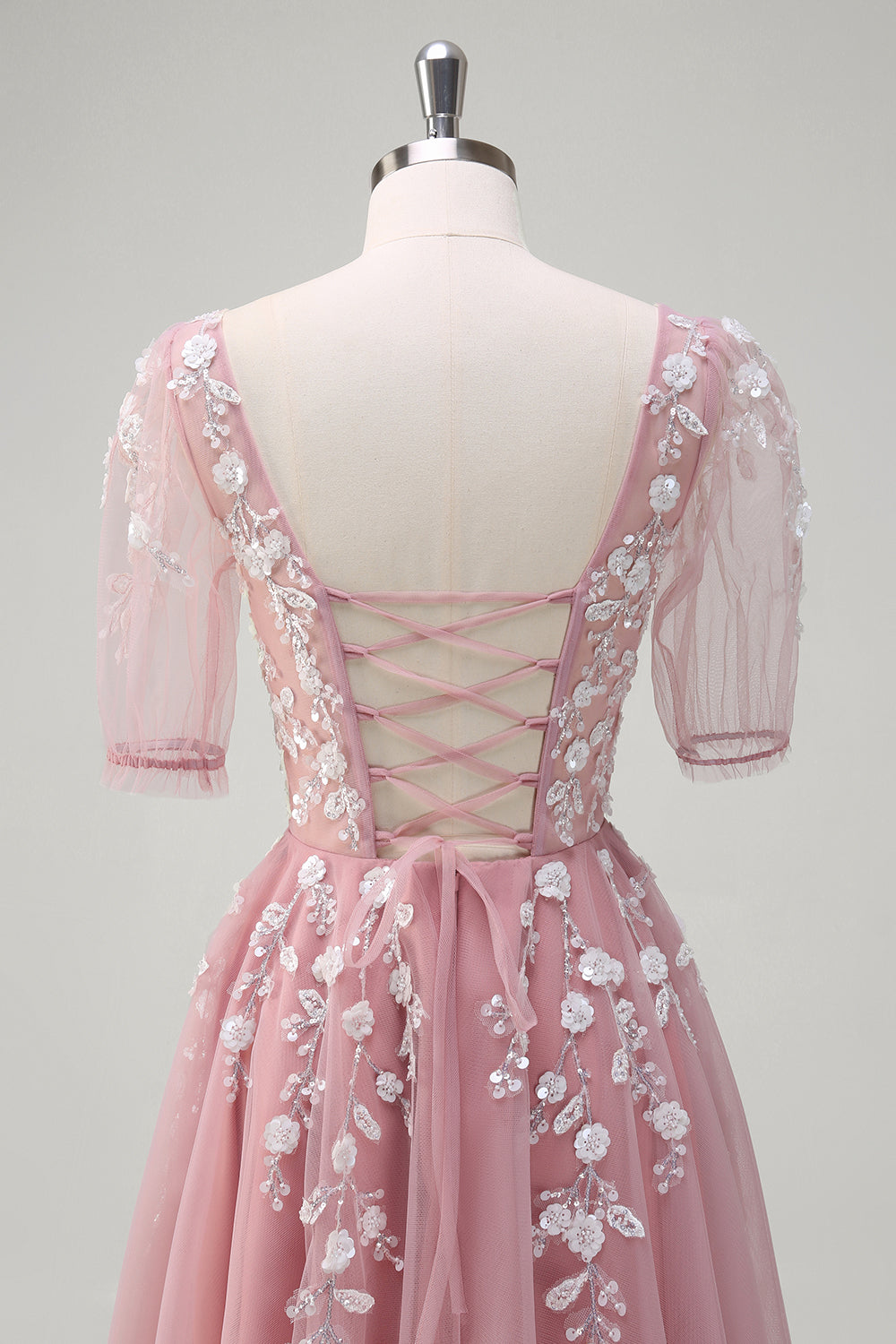 A Line V Neck Sequined Appliqued Tulle Blush Prom Dress with Short Sleeves - Image 5