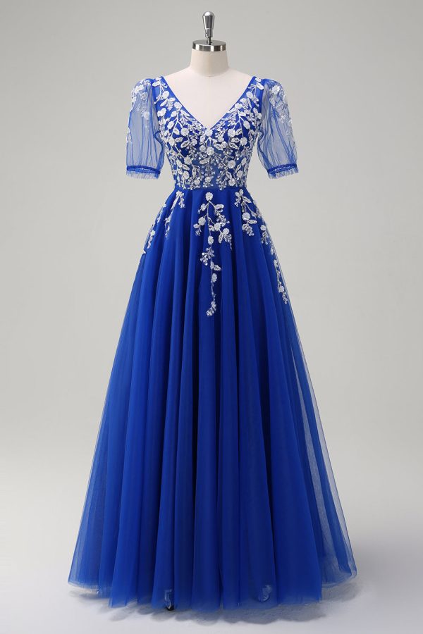 A Line V Neck Sequined Appliqued Tulle Blush Prom Dress with Short Sleeves - Image 7