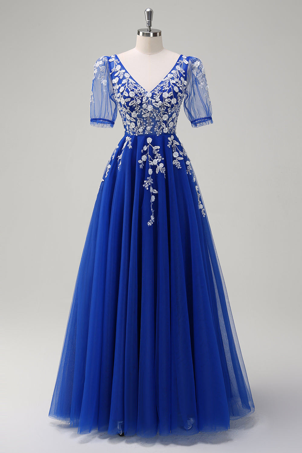 A Line V Neck Sequined Appliqued Tulle Blush Prom Dress with Short Sleeves - Image 7