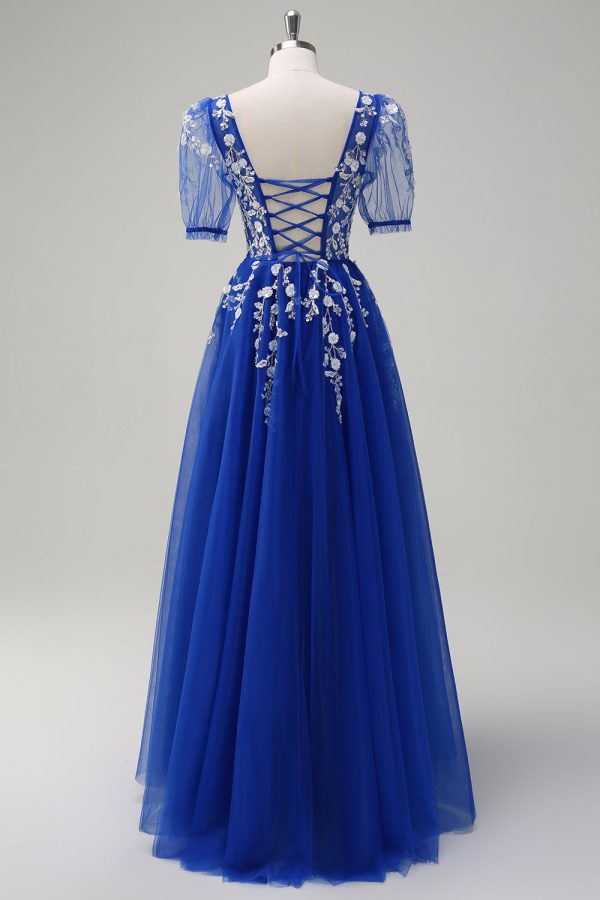 A Line V Neck Sequined Appliqued Tulle Blush Prom Dress with Short Sleeves - Image 8