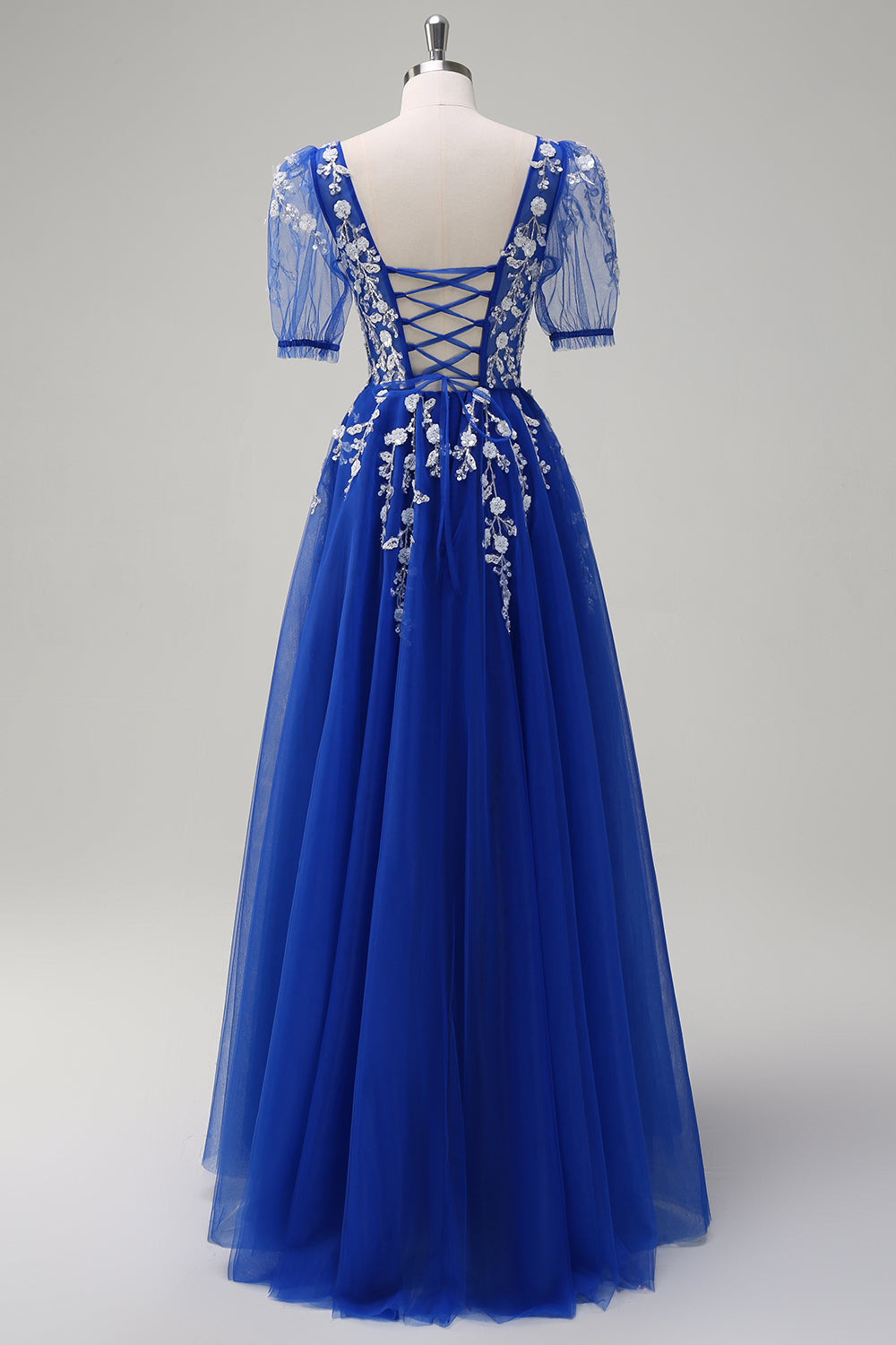 A Line V Neck Sequined Appliqued Tulle Blush Prom Dress with Short Sleeves - Image 8