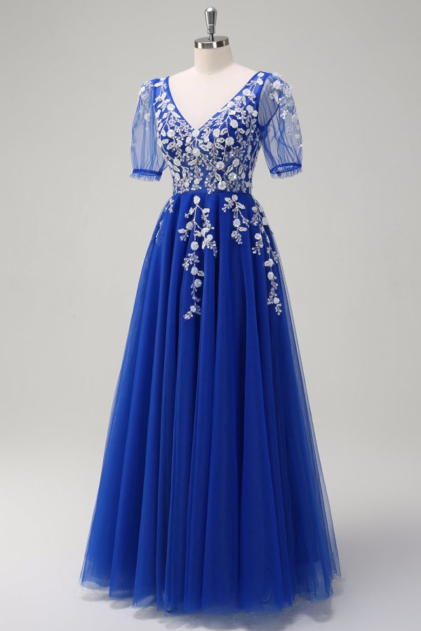 A Line V Neck Sequined Appliqued Tulle Blush Prom Dress with Short Sleeves - Image 9