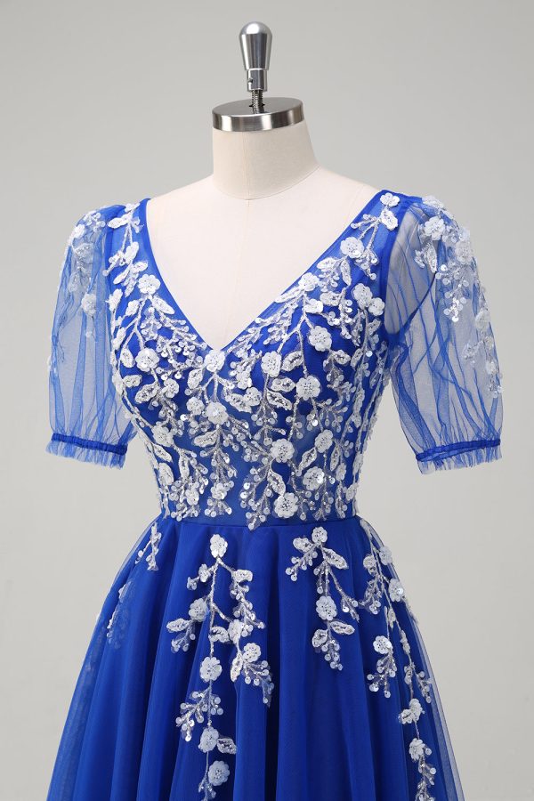 A Line V Neck Sequined Appliqued Tulle Blush Prom Dress with Short Sleeves - Image 12