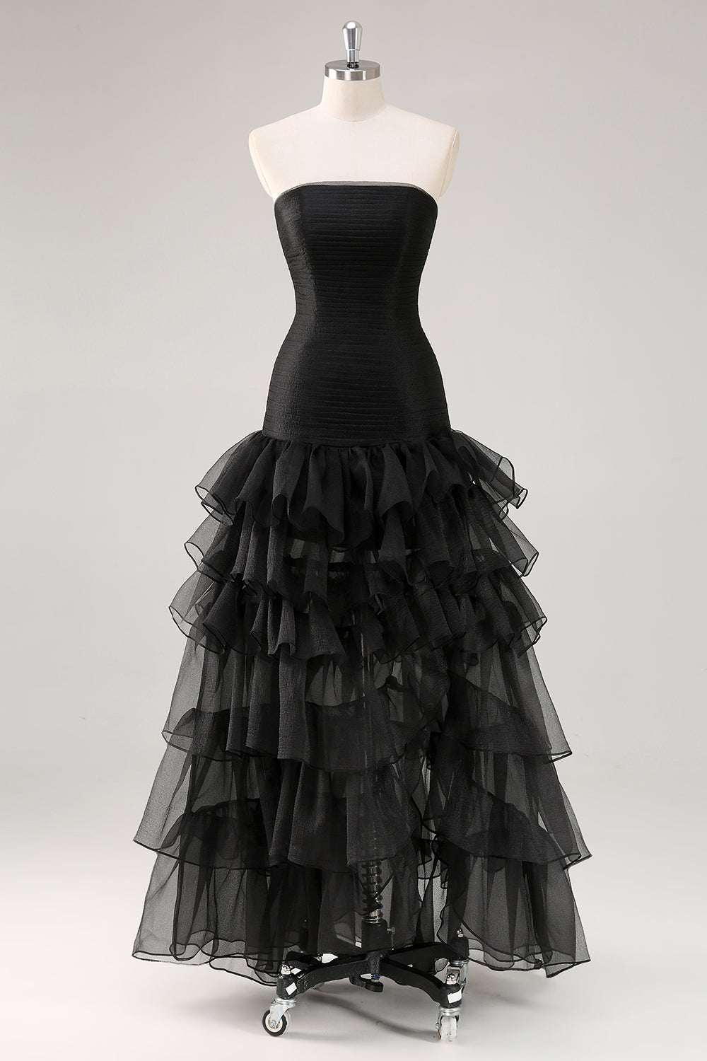 Tiered Strapless Ruffled Black Formal Dress with Slit - Image 1