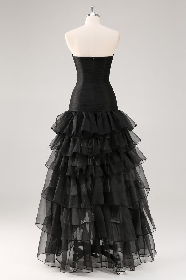 Tiered Strapless Ruffled Black Formal Dress with Slit - Image 2