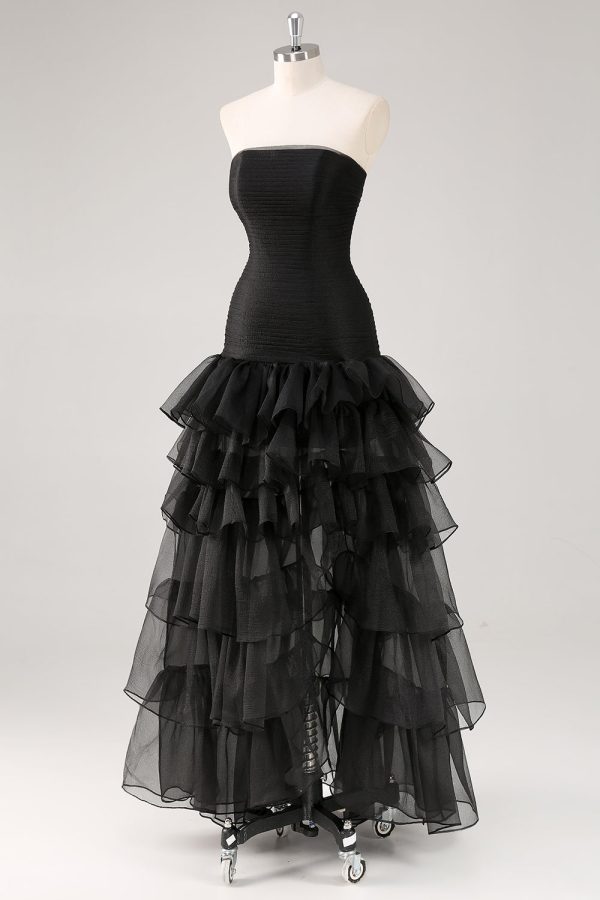 Tiered Strapless Ruffled Black Formal Dress with Slit - Image 3